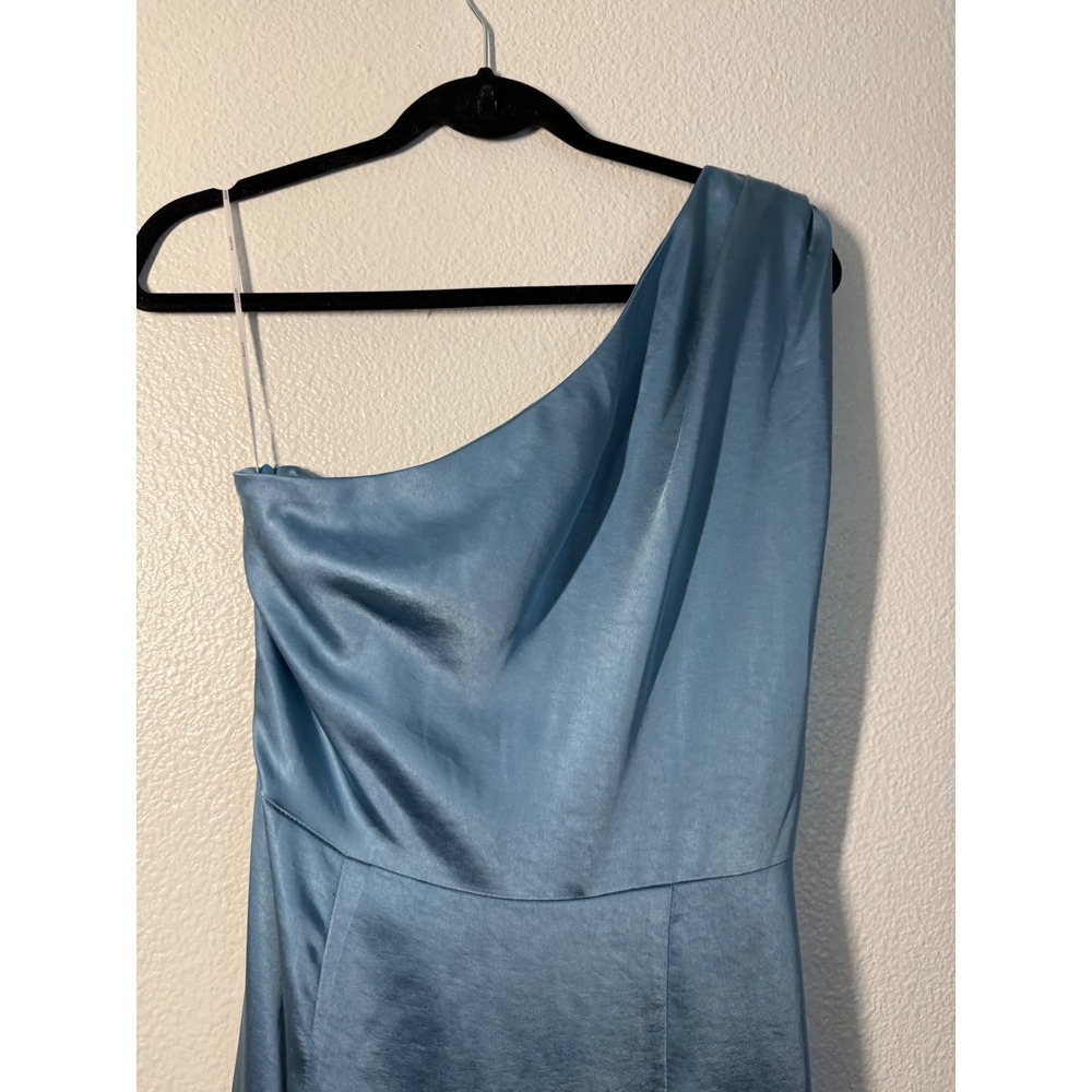 ELLIATT Reception Dress Dusty Blue One Shoulder Satin Ruched Midi Size L‎ - Picture 11 of 16